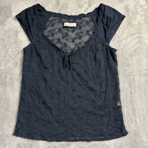 Y2K Abercrombie Fitch Womens Dk Blue Top Sz Medium Floral Lace Sheer Fairy Boho